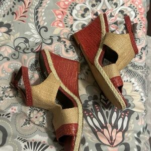 Elegant Red and Tan Wedge Sandals